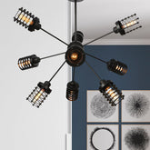 Lámpara de araña Starburst colgante vintage con pantalla de marco cilíndrico - 12/9/15 cabezas de metal en negro
